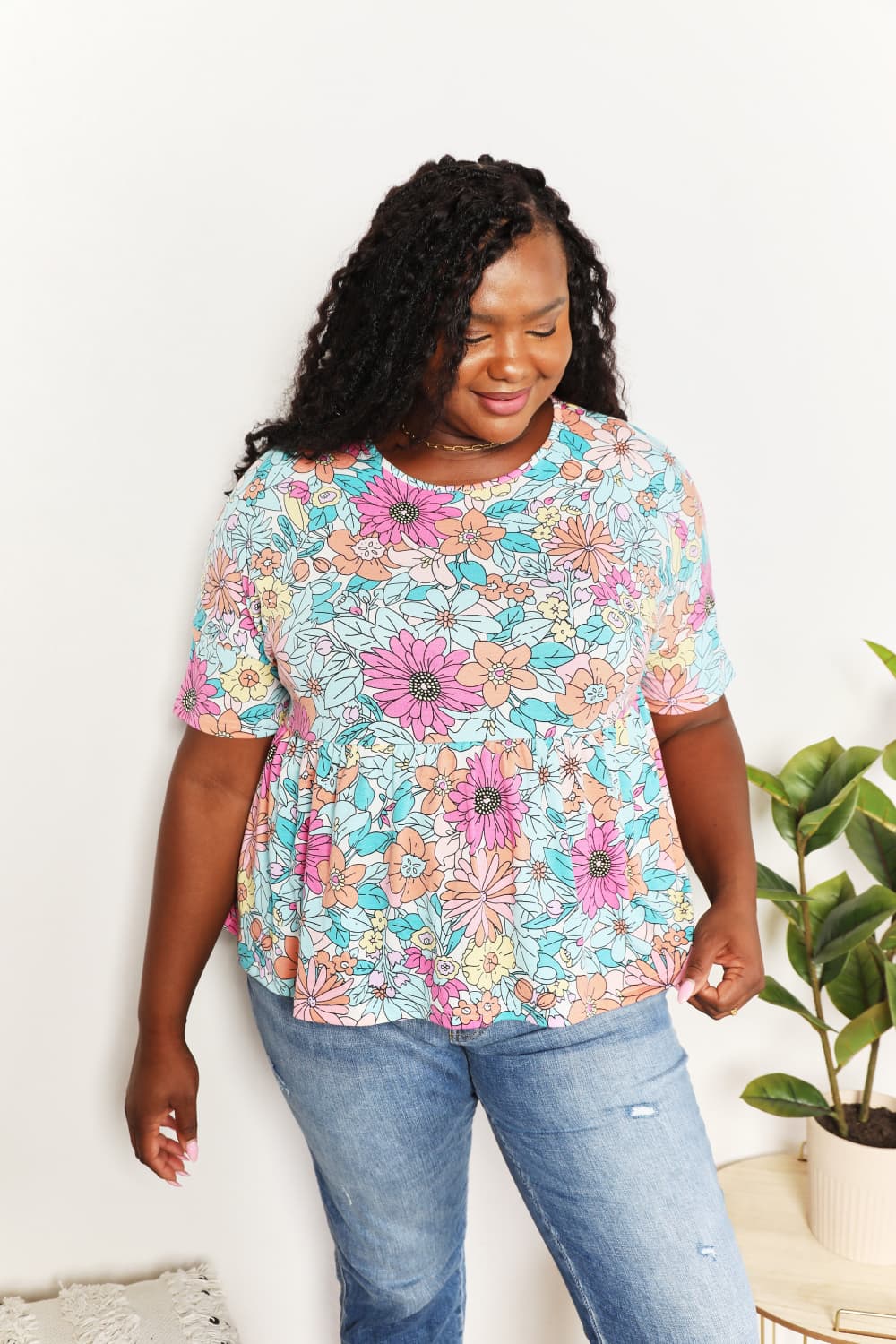 Double Take Floral Round Neck Babydoll Top - Classique Collection
