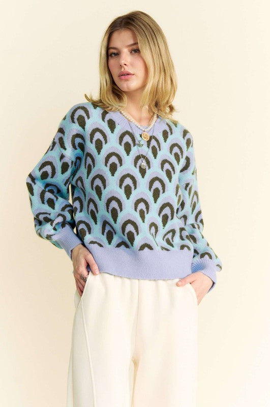 Davi & Dani Scale Jacquard Round Neck Drop Shoulder Sweater - Classique Collection