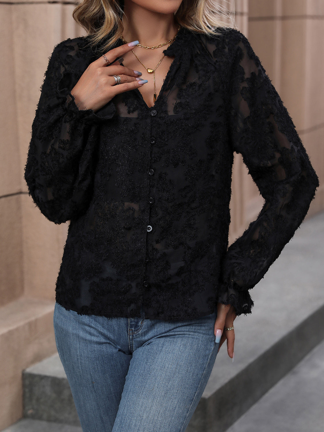 Perfee Lace Button Front Long Sleeve Top - ClassiQ