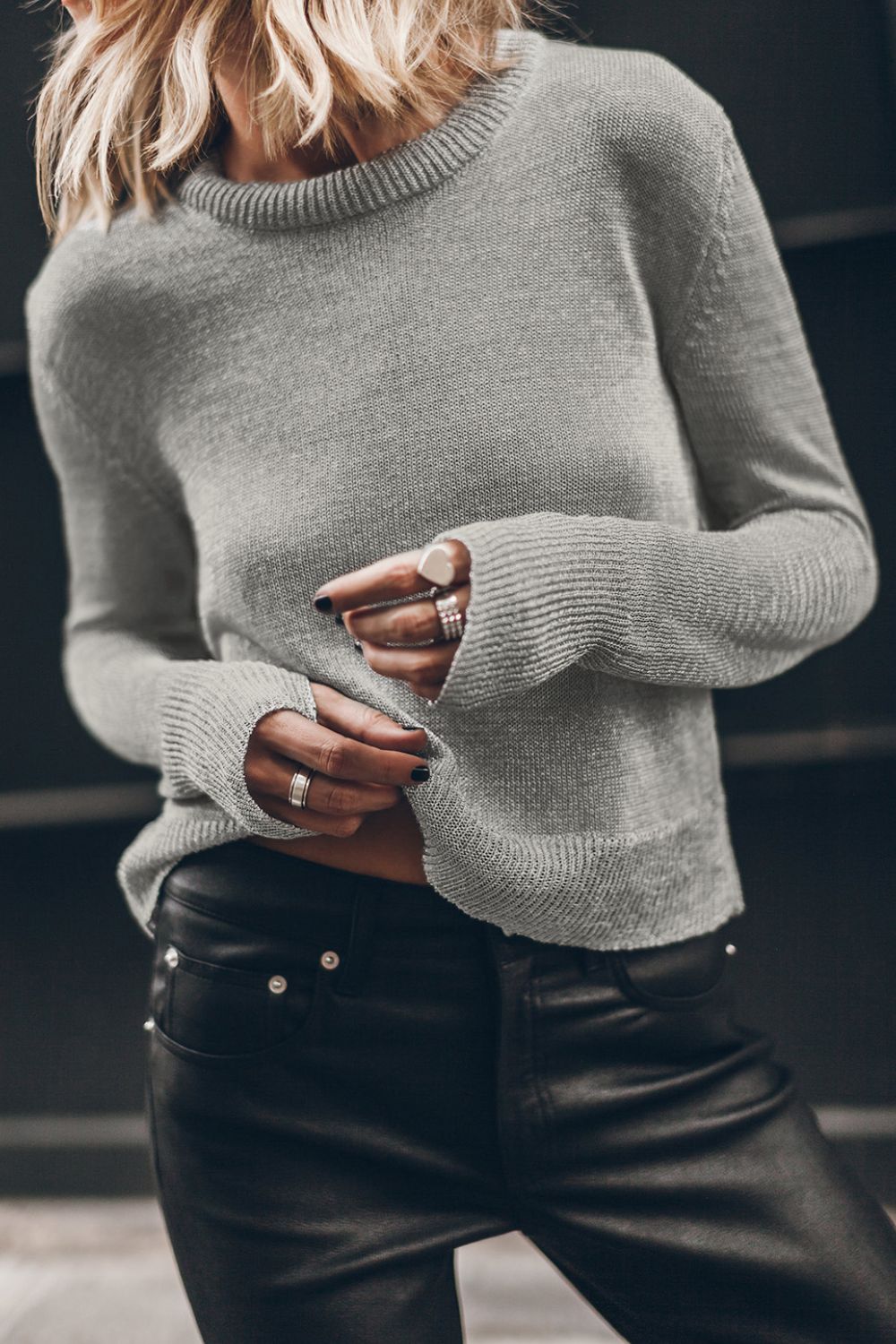 Ribbed Hem Round Neck Long Sleeve Sweater - Classique Collection