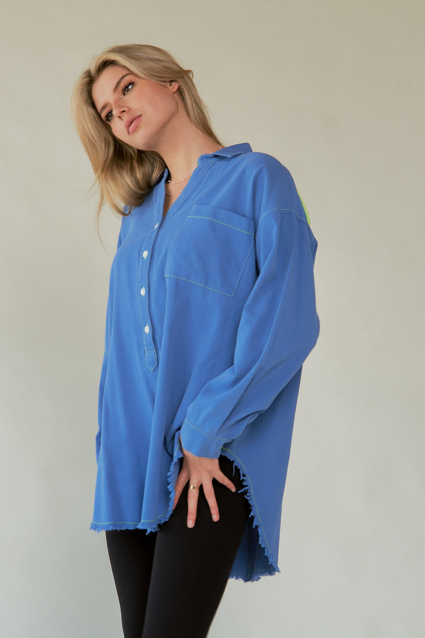 Davi & Dani Letter Back Raw Hem Half Button Shirt - Classique Collection