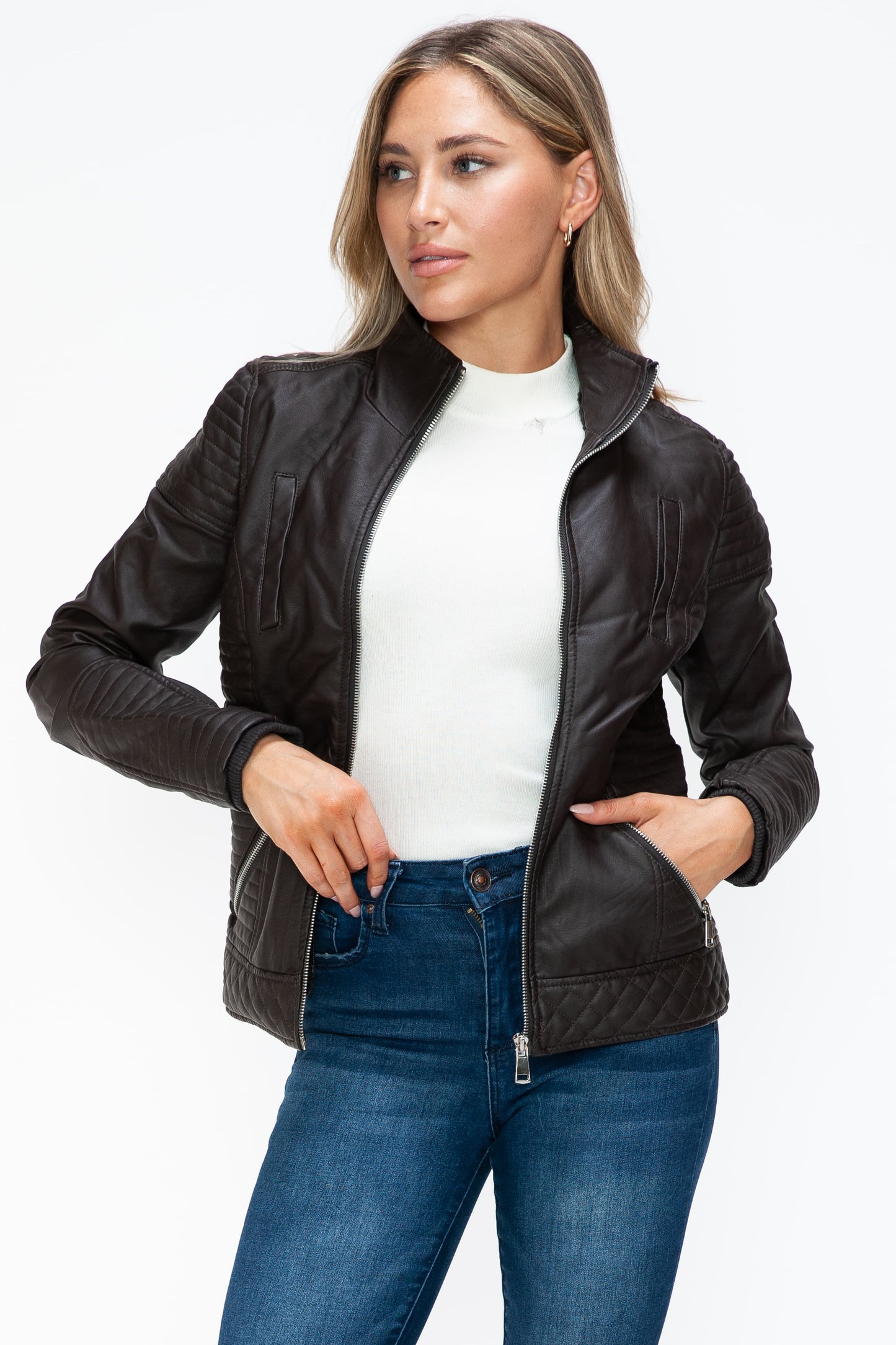 YMI Faux Layered Double-Zipper Jacket with Fuzzy Hood - ClassiQ
