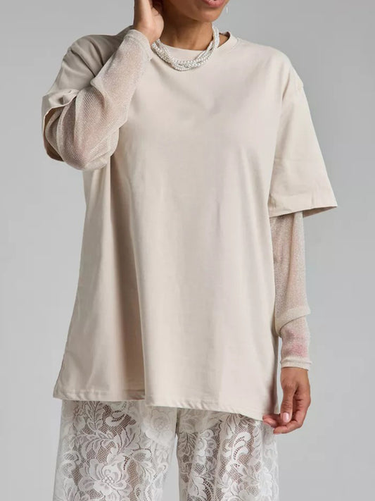 Faux Layered Round Neck Mesh Sleeve Top - Classique Collection