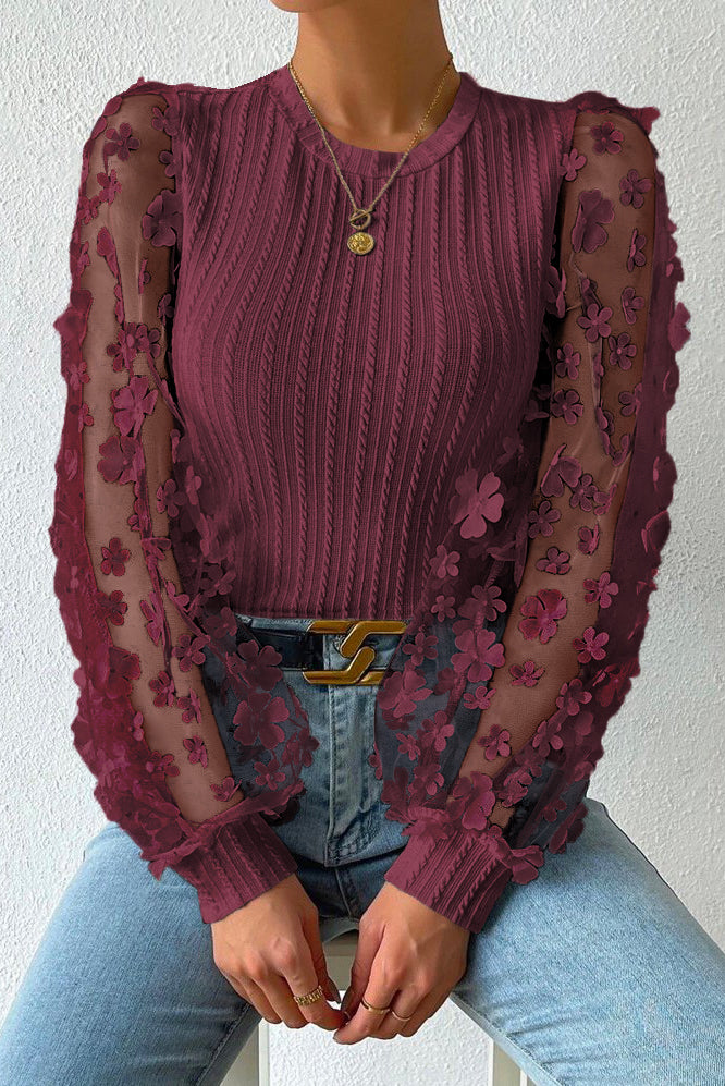Textured Applique Long Sleeve Blouse - Classique Collection