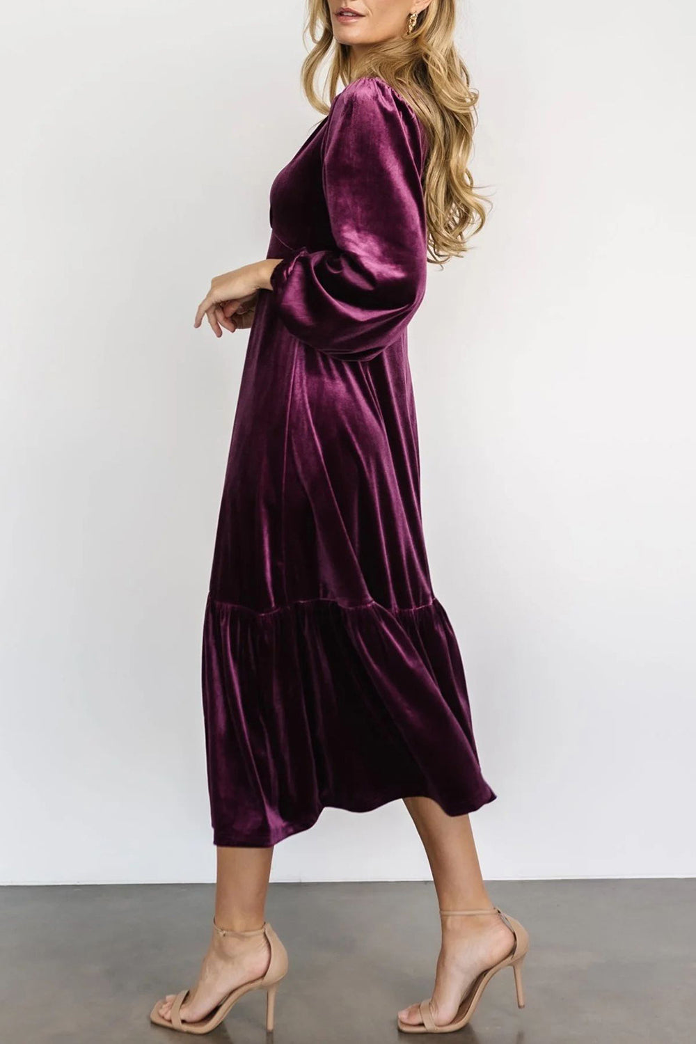 V-Neck Long Sleeve Midi Velvet Dress - Classique Collection
