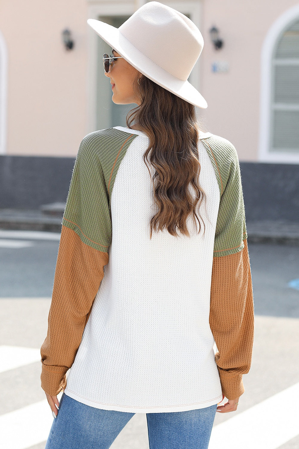 Waffle-Knit Color Block Long Sleeve Top - Classique Collection