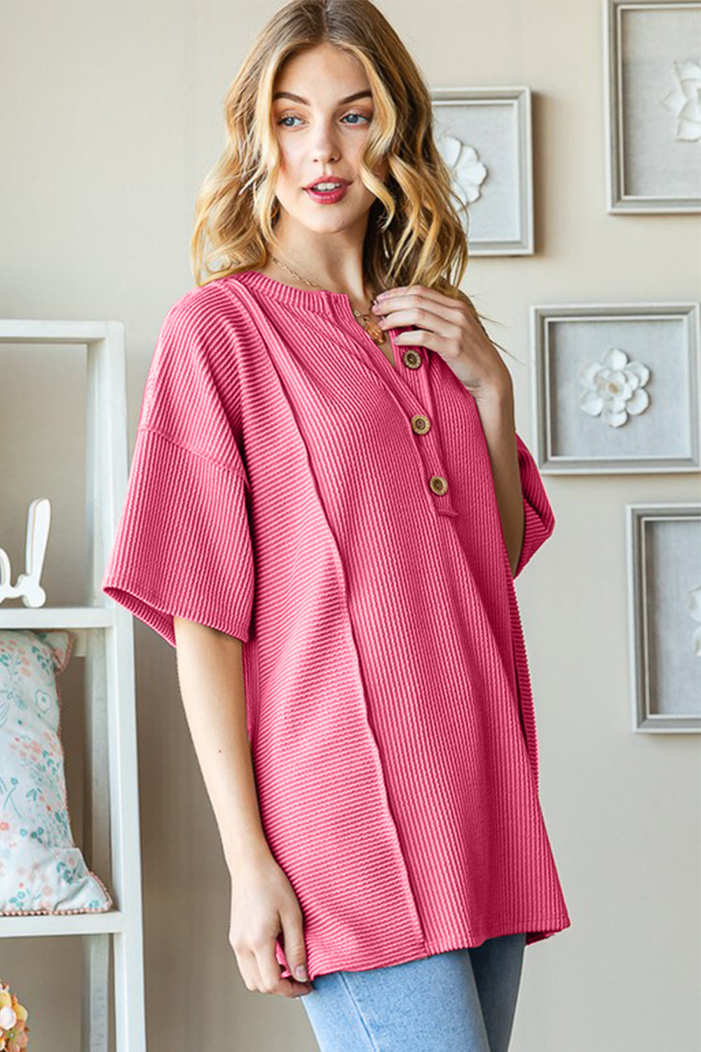 Heimish Full Size Ribbed Half Button Drop Shoulder Top - Classique Collection
