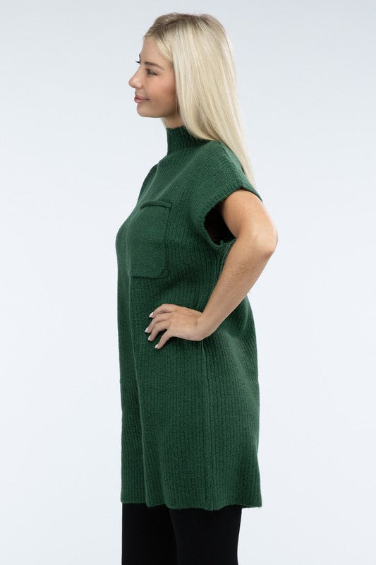 Mock Neck Short Sleeve Sweater Dress with Pocket - Classique Collection