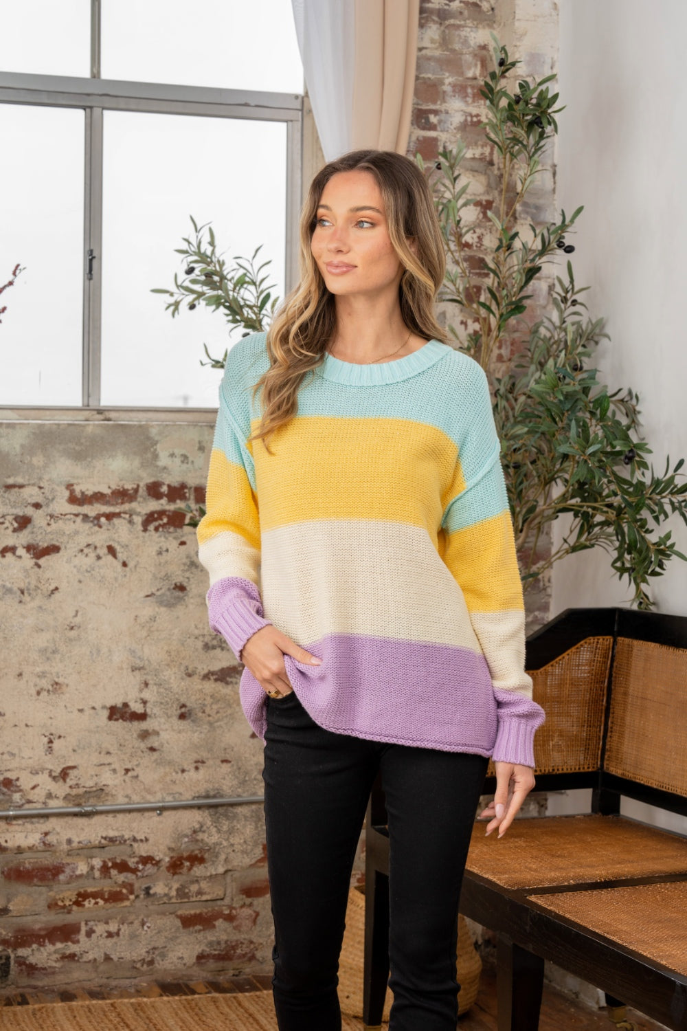 Sew In Love Full Size Color Block Exposed Seam Sweater - ClassiQ