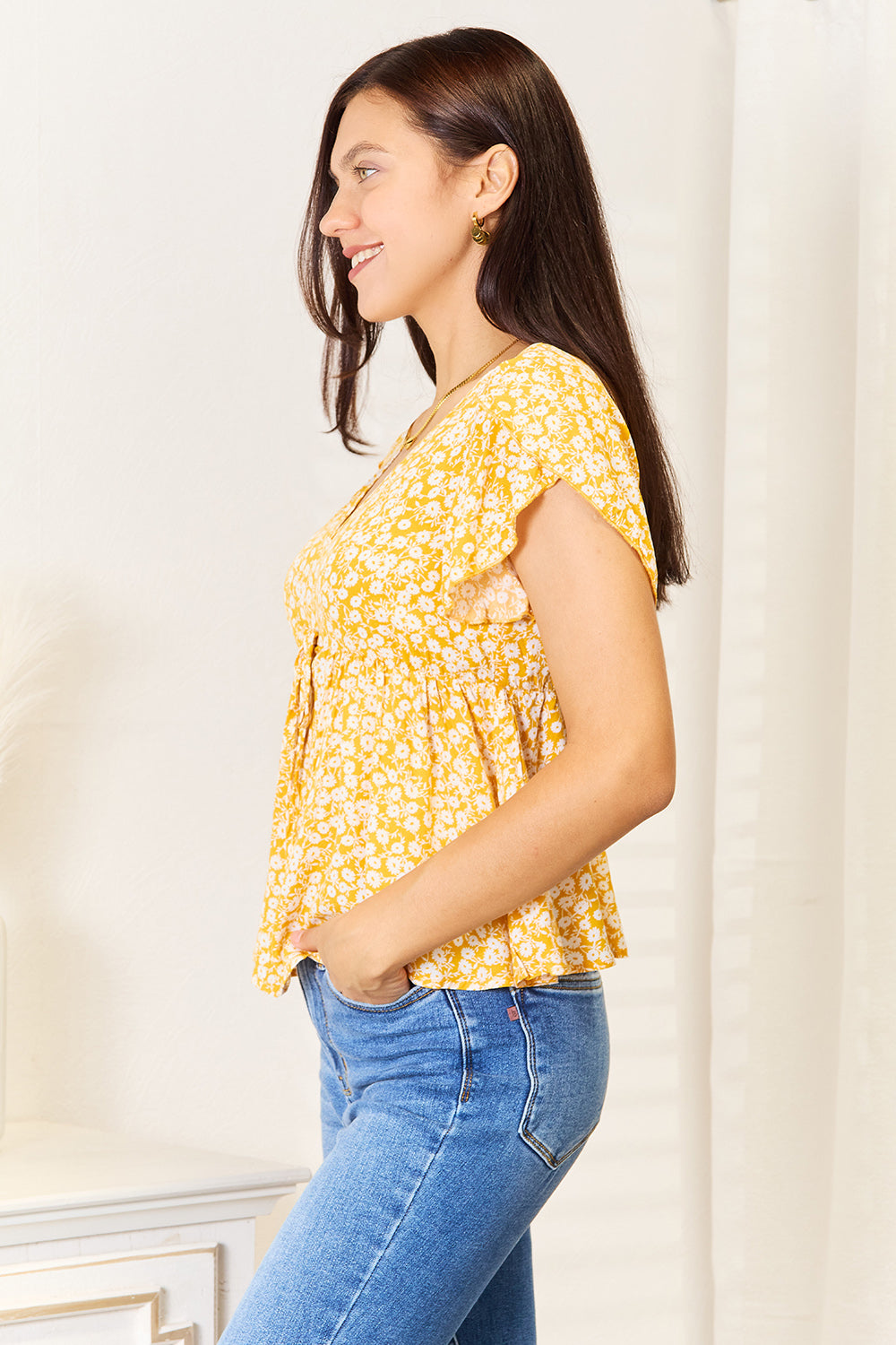 Floral Petal Sleeve Babydoll Top - Classique Collection