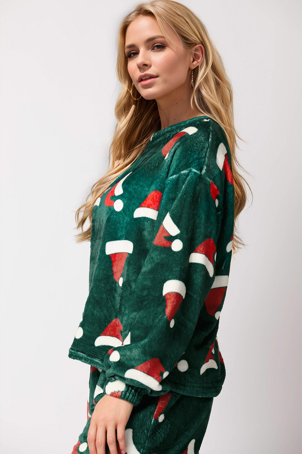 Christmas Hat Pattern Round Neck Long Sleeve Top and Pants Set - ClassiQ