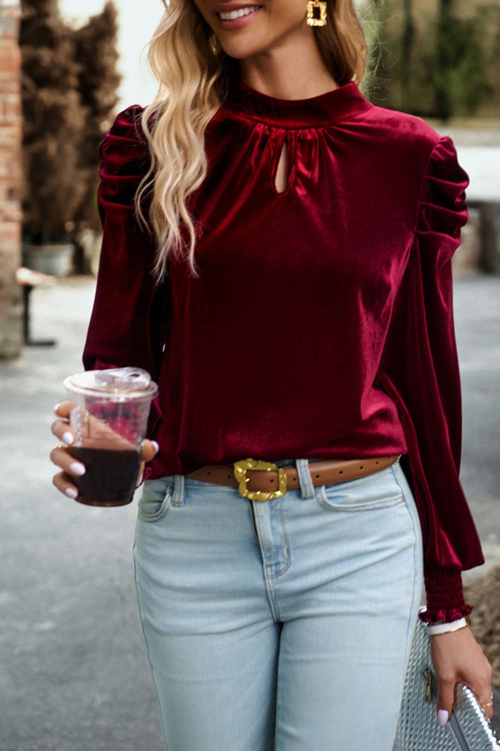 Tie Up Mock Neck Velvet Fabric Long Sleeve Blouse - Classique Collection