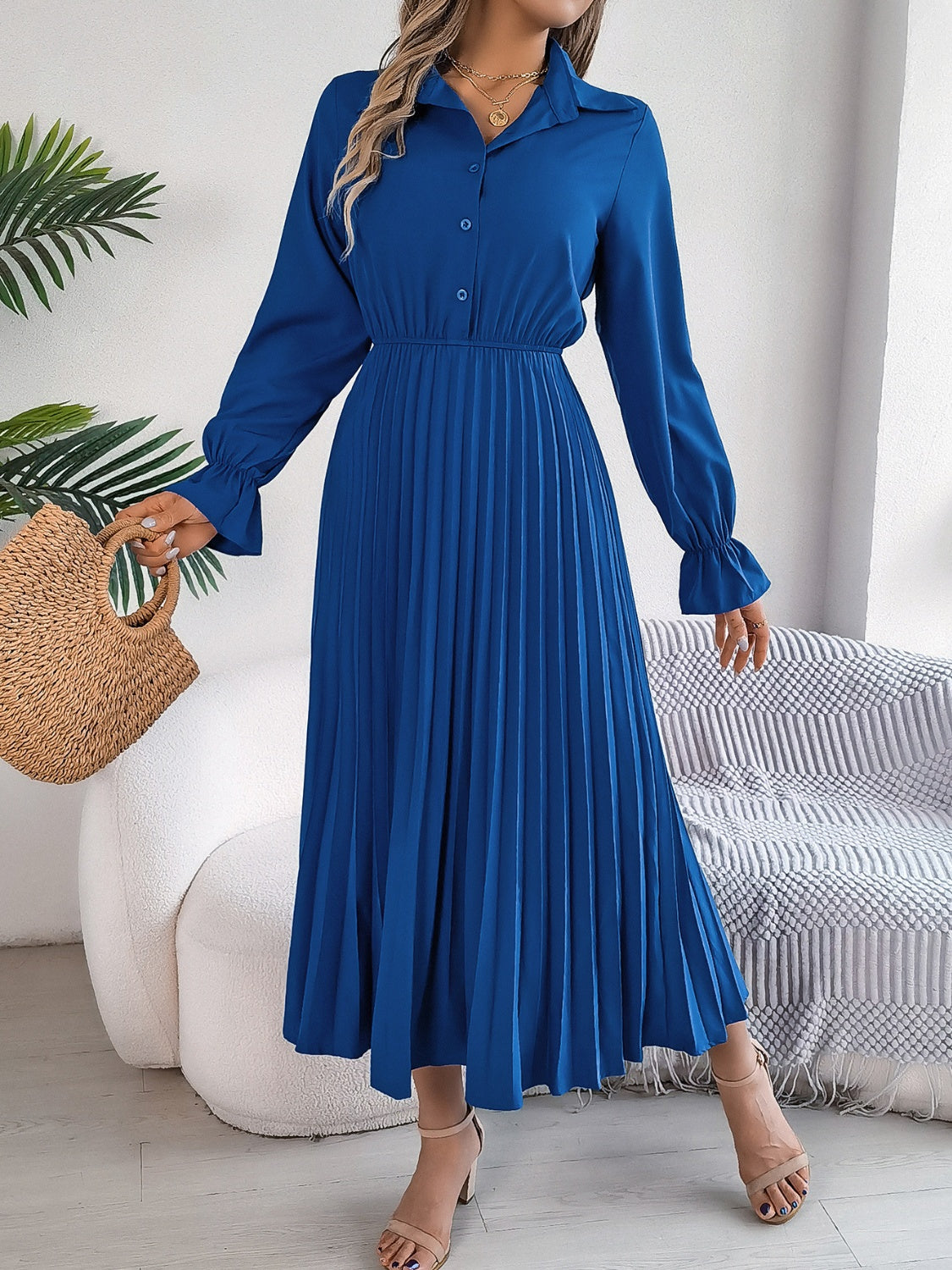 Pleated Half Button Long Sleeve Midi Dress - Classique Collection