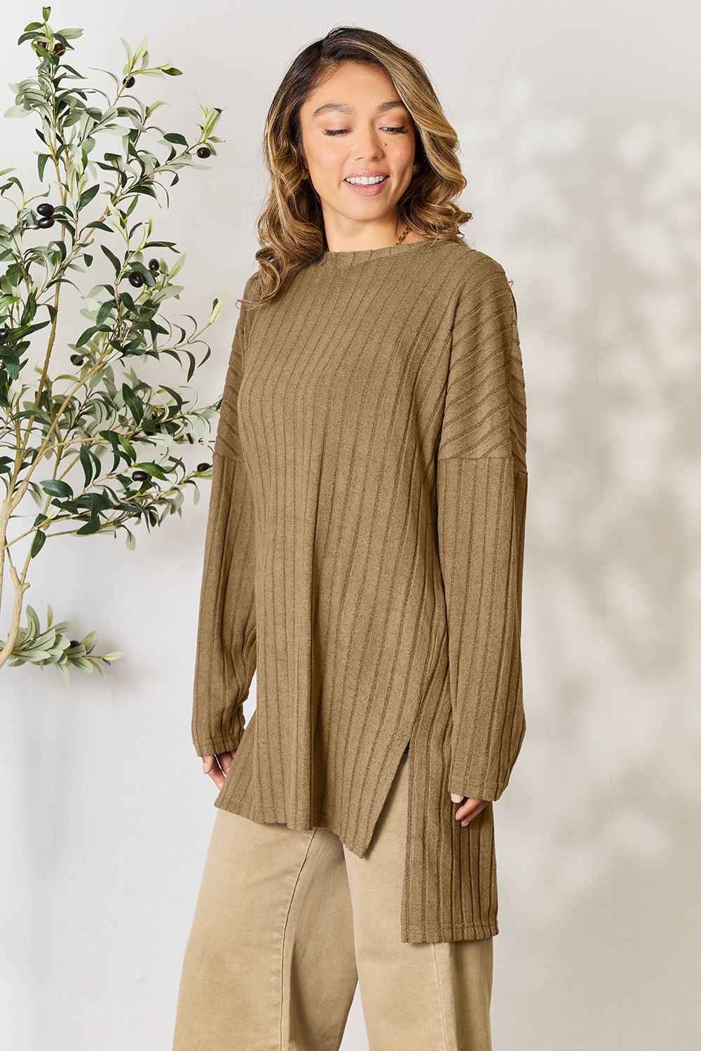Basic Bae Full Size Ribbed Round Neck Long Sleeve Slit Top - Classique Collection