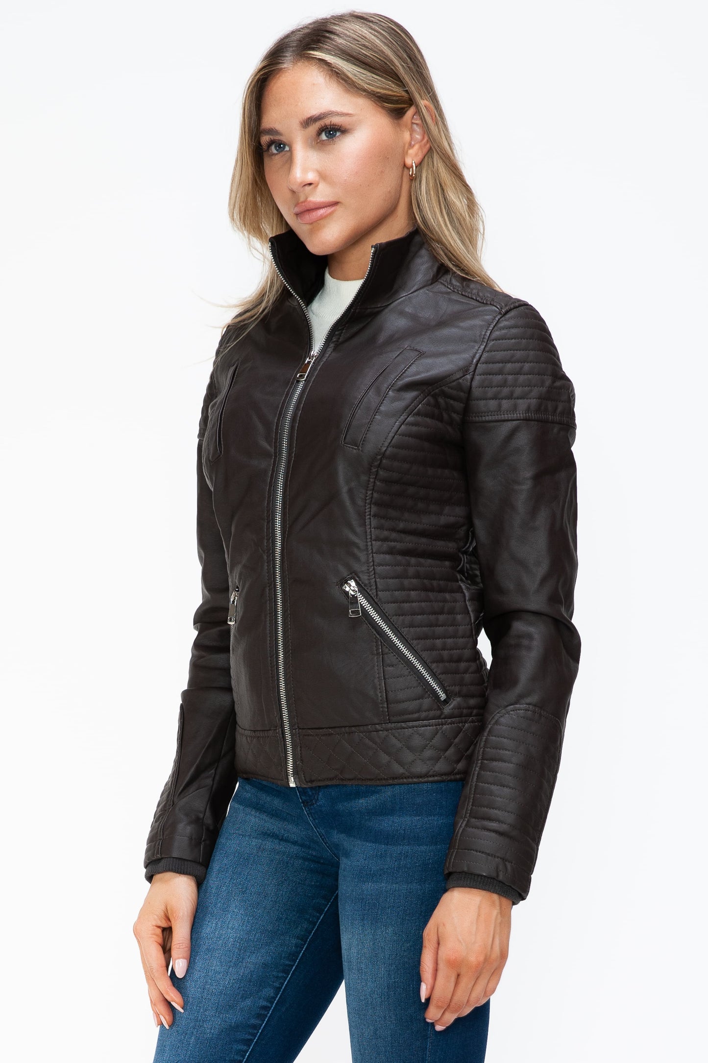 YMI Faux Layered Double-Zipper Jacket with Fuzzy Hood - ClassiQ
