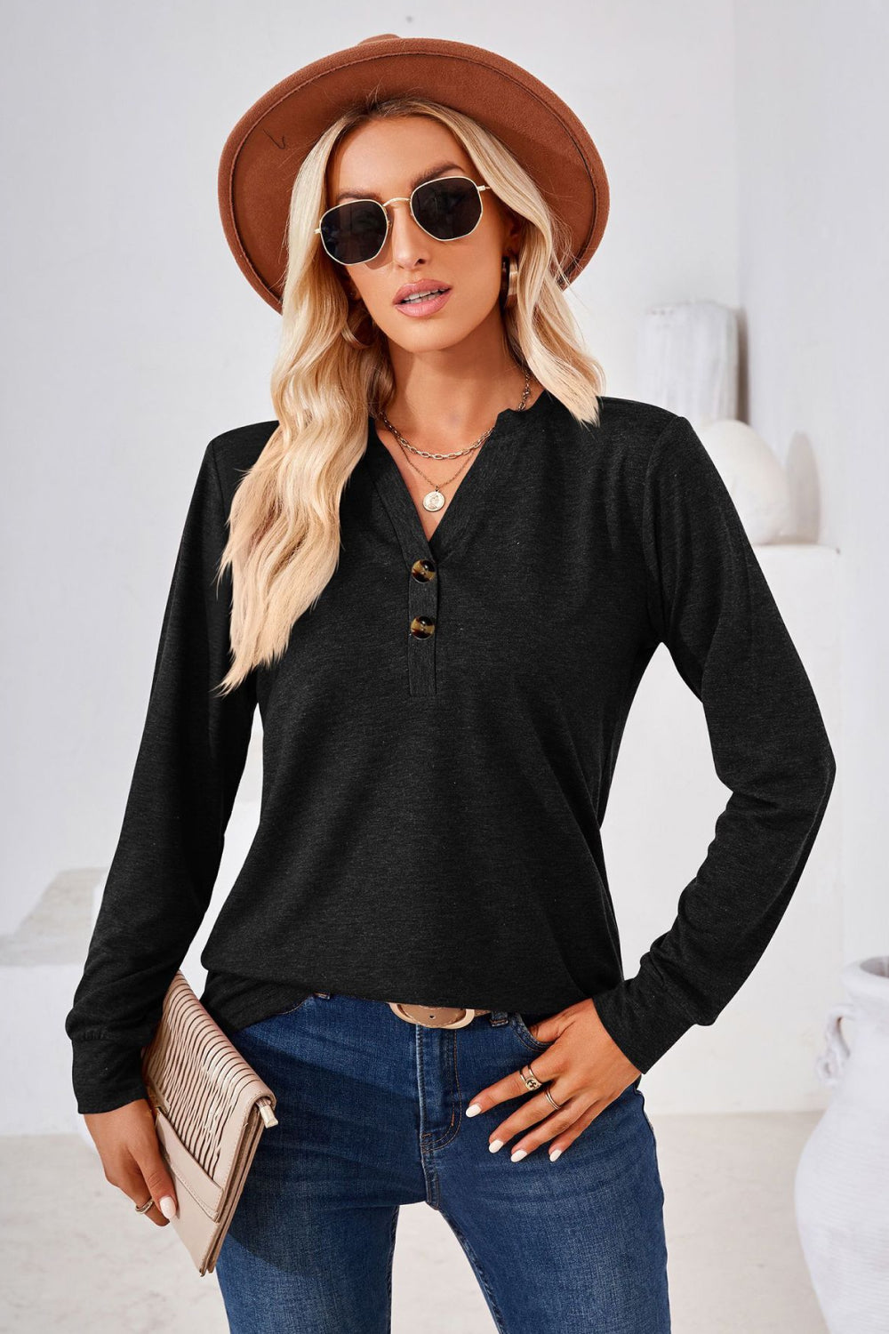 V-Neck Buttoned Long Sleeve Blouse - Classique Collection