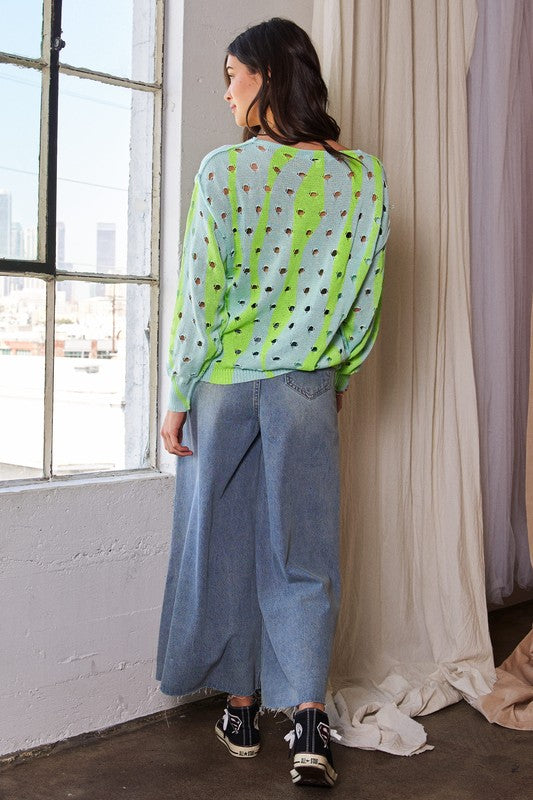 Davi & Dani Two-Tone Ribbed Hem Openwork Knit Top - Classique Collection