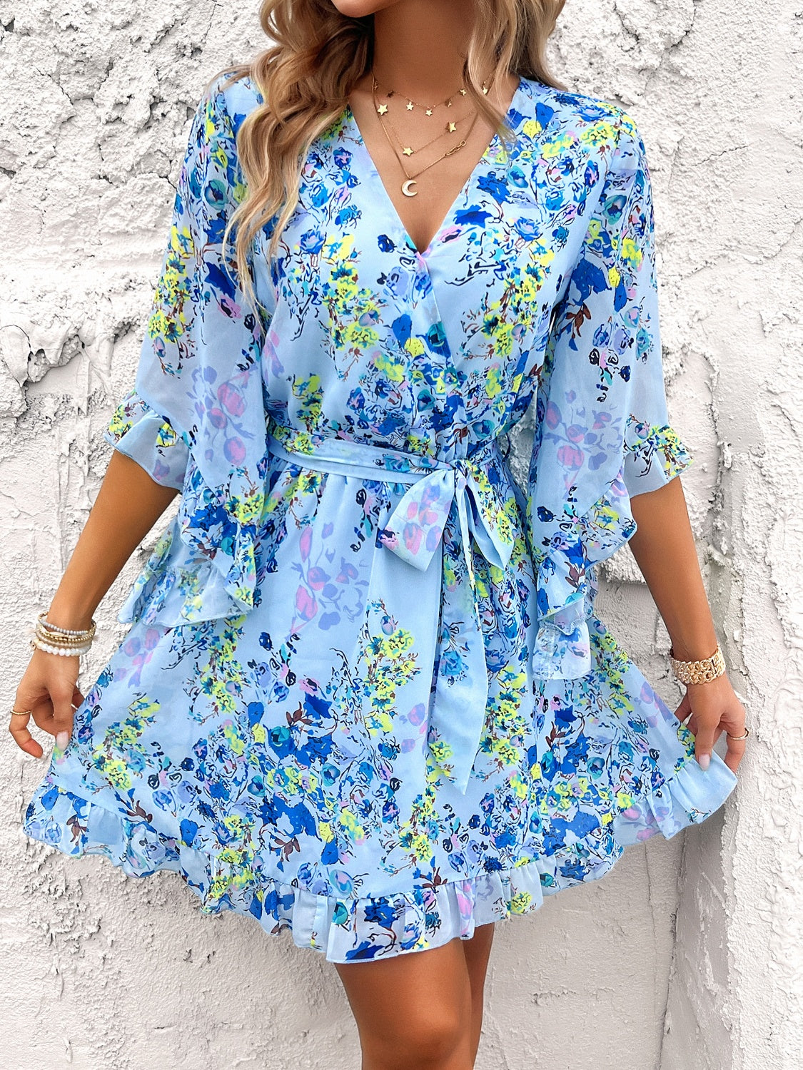 Devine Ruffled Printed Surplice Half Sleeve Mini Dress - Classique Collection