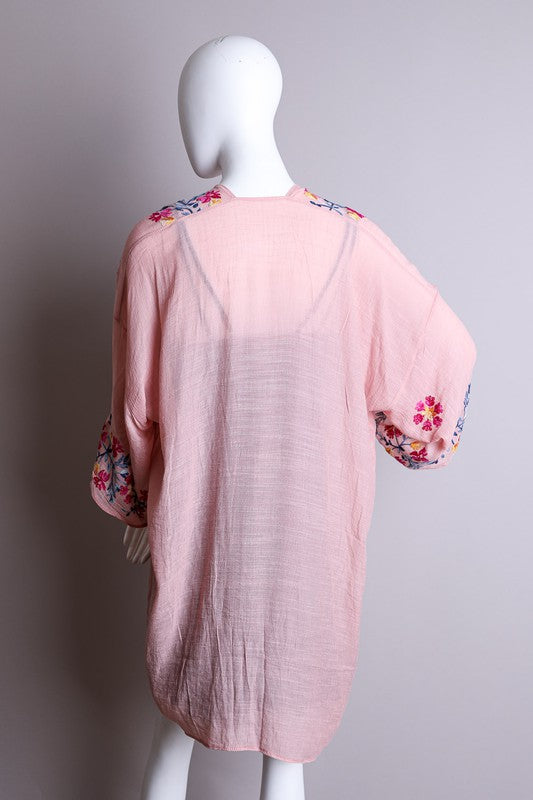 Pink Anemone Garland Embroidered Kimono - Classique Collection