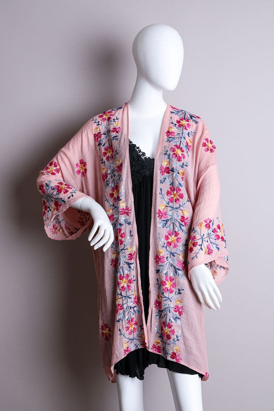 Pink Anemone Garland Embroidered Kimono - Classique Collection