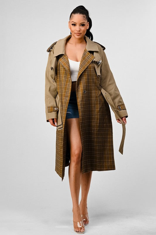 ATHINA PLAID AND KHAKI CONTRAST TRENCH COAT - Classique Collection