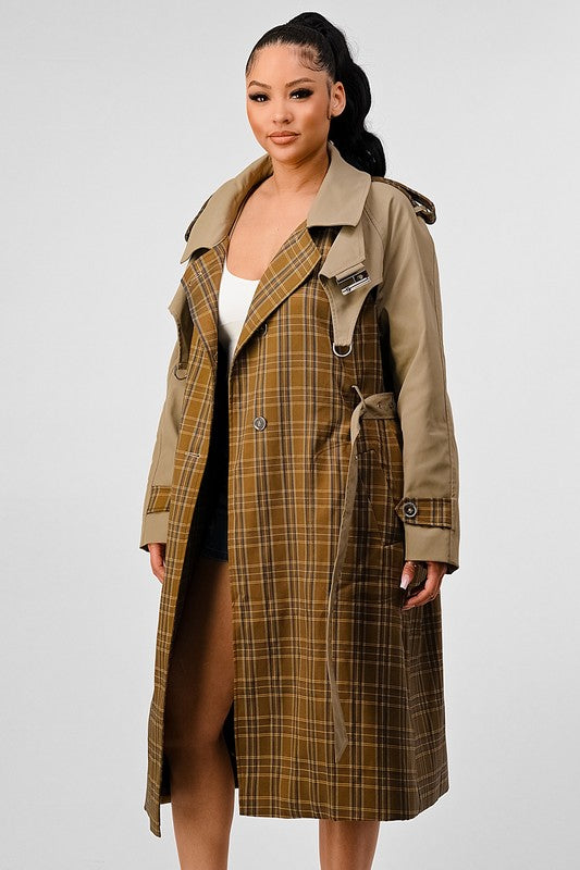 ATHINA PLAID AND KHAKI CONTRAST TRENCH COAT - Classique Collection
