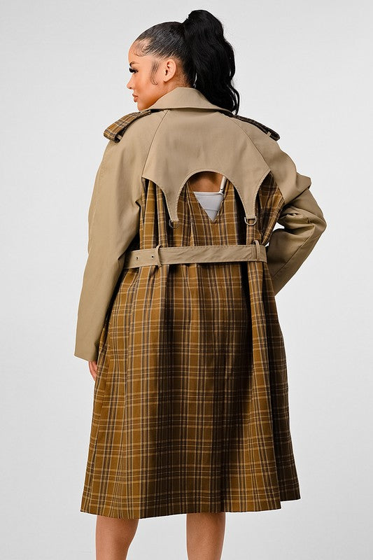 ATHINA PLAID AND KHAKI CONTRAST TRENCH COAT - Classique Collection