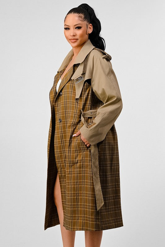 ATHINA PLAID AND KHAKI CONTRAST TRENCH COAT - Classique Collection