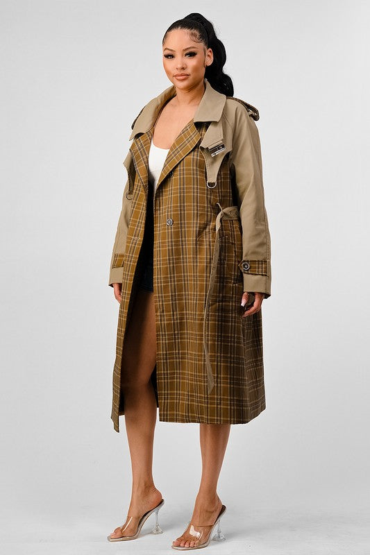 ATHINA PLAID AND KHAKI CONTRAST TRENCH COAT - Classique Collection