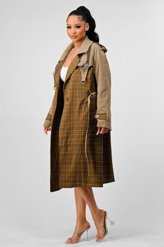 ATHINA PLAID AND KHAKI CONTRAST TRENCH COAT - Classique Collection