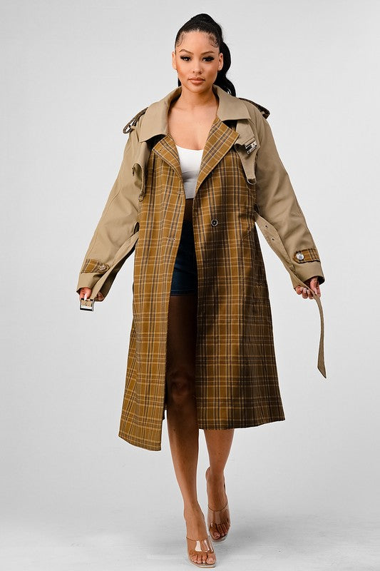 ATHINA PLAID AND KHAKI CONTRAST TRENCH COAT - Classique Collection