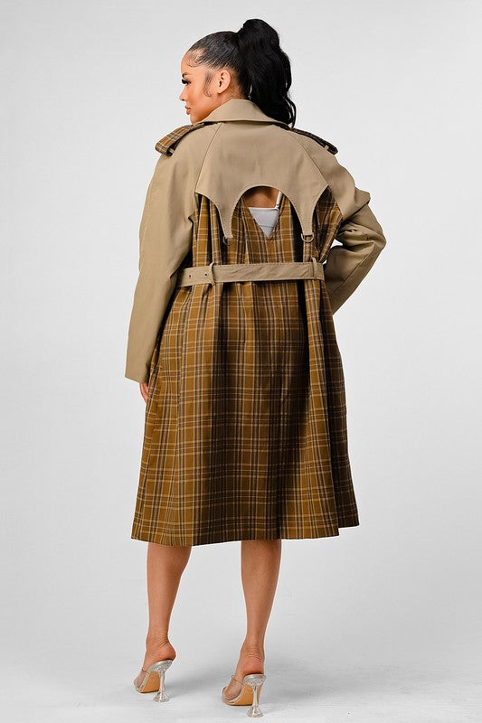 ATHINA PLAID AND KHAKI CONTRAST TRENCH COAT - Classique Collection