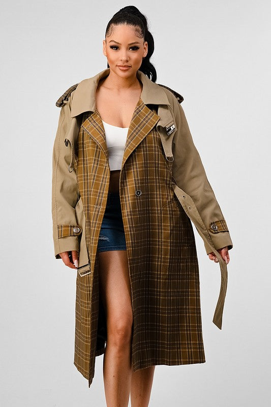 ATHINA PLAID AND KHAKI CONTRAST TRENCH COAT - Classique Collection