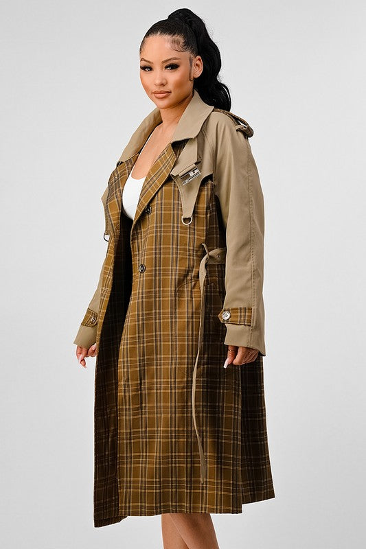ATHINA PLAID AND KHAKI CONTRAST TRENCH COAT - Classique Collection
