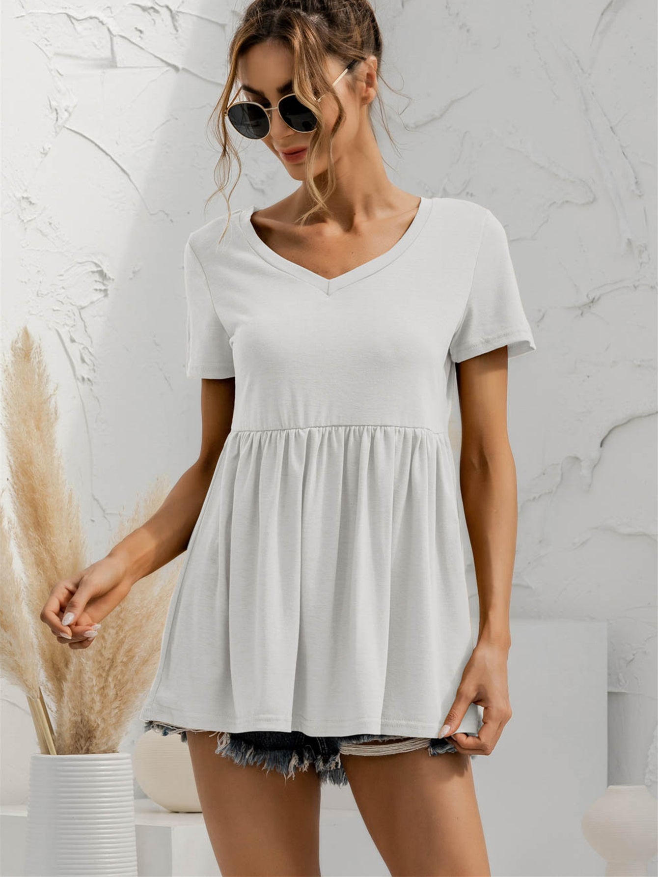 V-Neck Short Sleeve Babydoll Top - Classique Collection