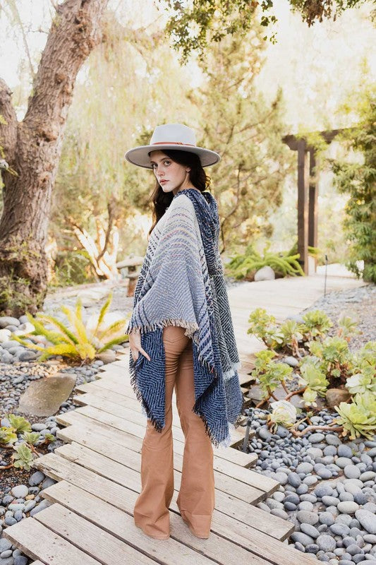 Herringbone Tweed Hooded Frayed Edge Poncho - Classique Collection