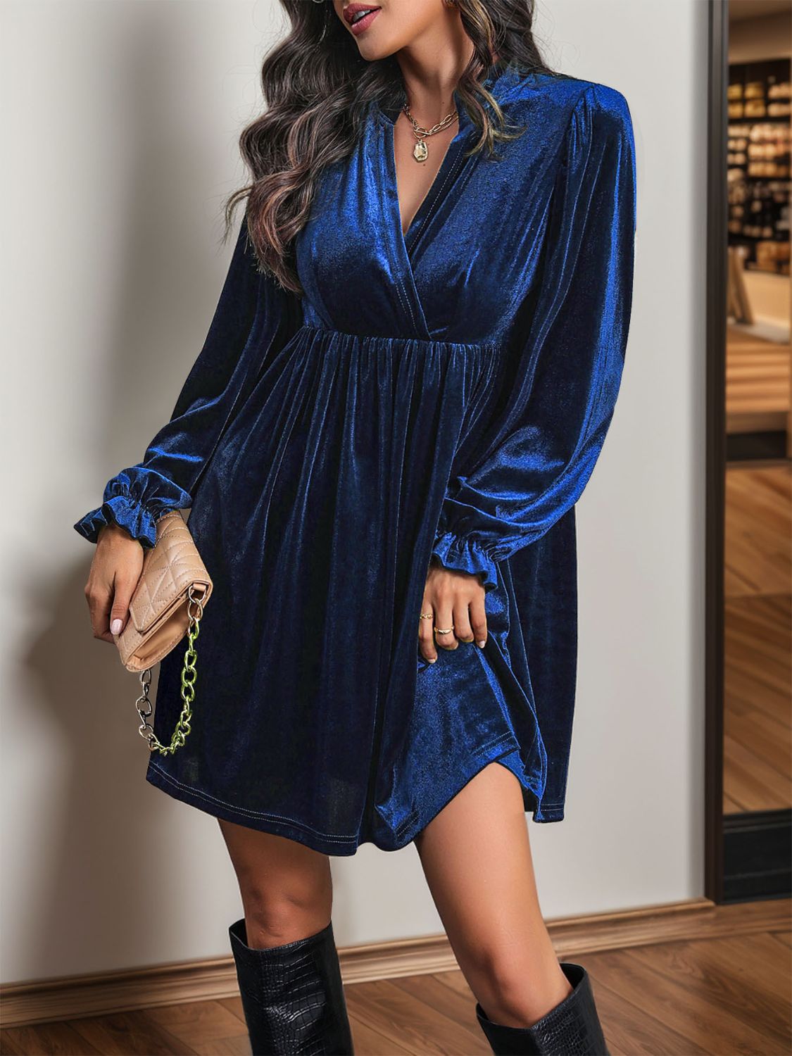 Perfee Ruched Surplice Long Sleeve Mini Dress - Classique Collection