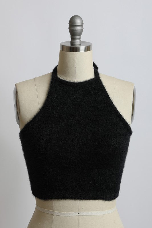 Fuzzy Sweater Halter Cropped Top - Classique Collection