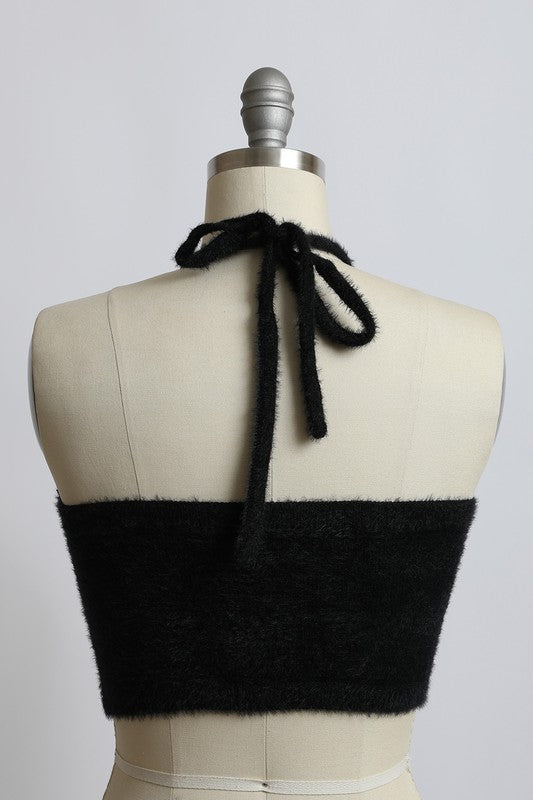 Fuzzy Sweater Halter Cropped Top - Classique Collection