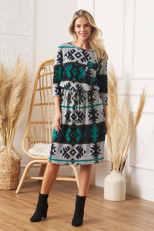 Plus Tribal Drawstring Blouson Midi Dress - Classique Collection