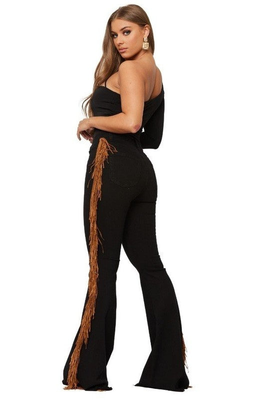 Black Bell Bottom Jean with Side Fringe - Classique Collection