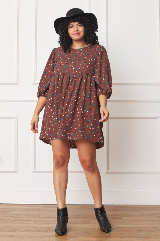 Plus Abstract Polka Dot Bishop Sleeve Mini Dress - Classique Collection