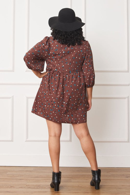 Plus Abstract Polka Dot Bishop Sleeve Mini Dress - Classique Collection