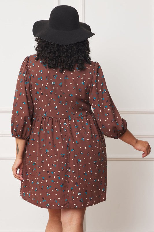 Plus Abstract Polka Dot Bishop Sleeve Mini Dress - Classique Collection