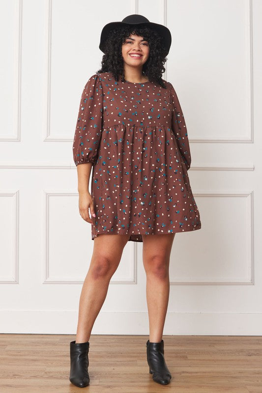 Plus Abstract Polka Dot Bishop Sleeve Mini Dress - Classique Collection