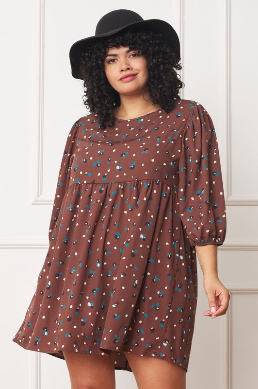 Plus Abstract Polka Dot Bishop Sleeve Mini Dress - Classique Collection