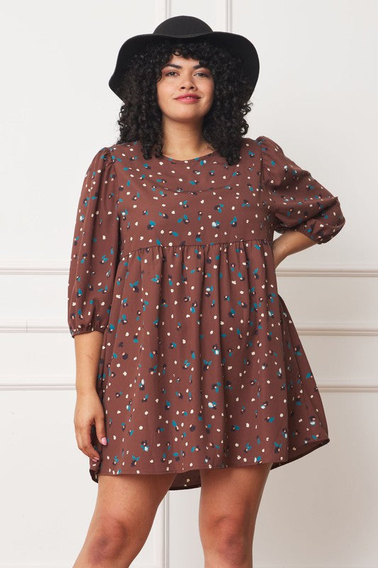 Plus Abstract Polka Dot Bishop Sleeve Mini Dress - Classique Collection