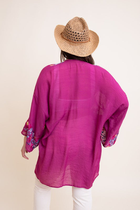 Pink Anemone Garland Embroidered Kimono - Classique Collection