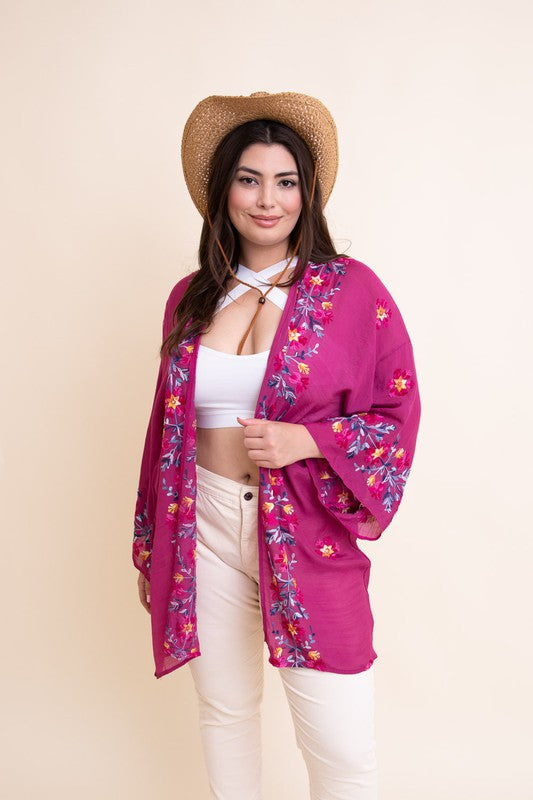 Pink Anemone Garland Embroidered Kimono - Classique Collection