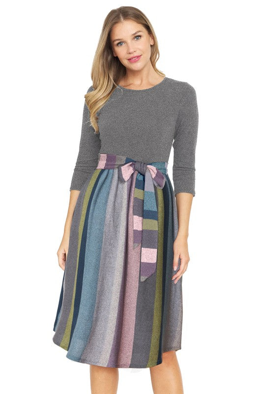 Quarter Sleeve Stripe Sash Midi Dress - Classique Collection